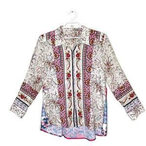 CYRENA Anthropologie Linen Blend Floral‎ Flowy Tunic Blouse Boho Chic Sz L